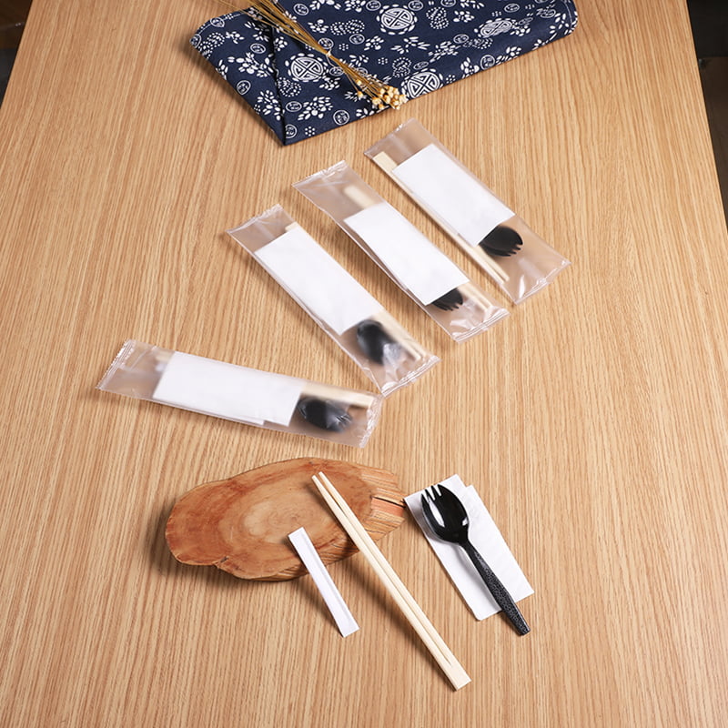 Wegwerpbamboe eetstokjes 4-delig set met Spork-servet Frosted composietfilmset