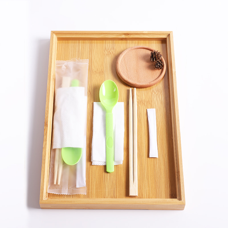 Bamboe wegwerp eetstokjes set met groene lepel servet Frosted composiet filmset