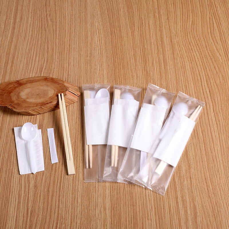Bamboe eetstokjes set met witte lepel en servet Frosted composiet filmset
